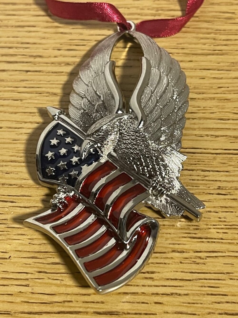 Patriotic Eagle Ornament With American Flag "United We Stand" Design Silver-Tone